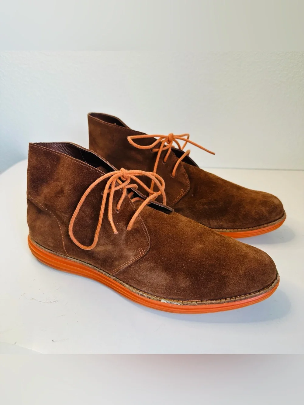 Cole Haan Boots Mens Size 10.5 Brown Suede Lunargrand Chukka Orange Sole Casual